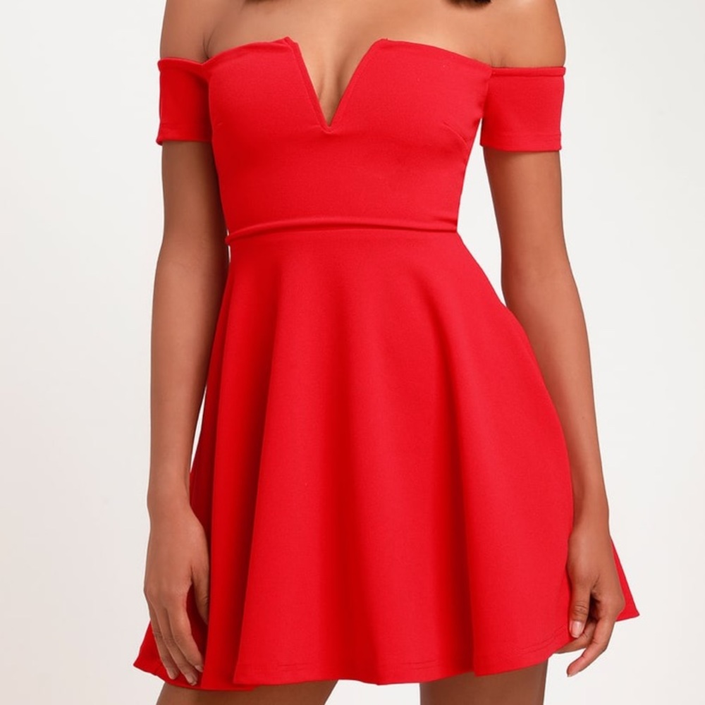 Lulu’s V Off the Shoulder Red Skater Mini Dress